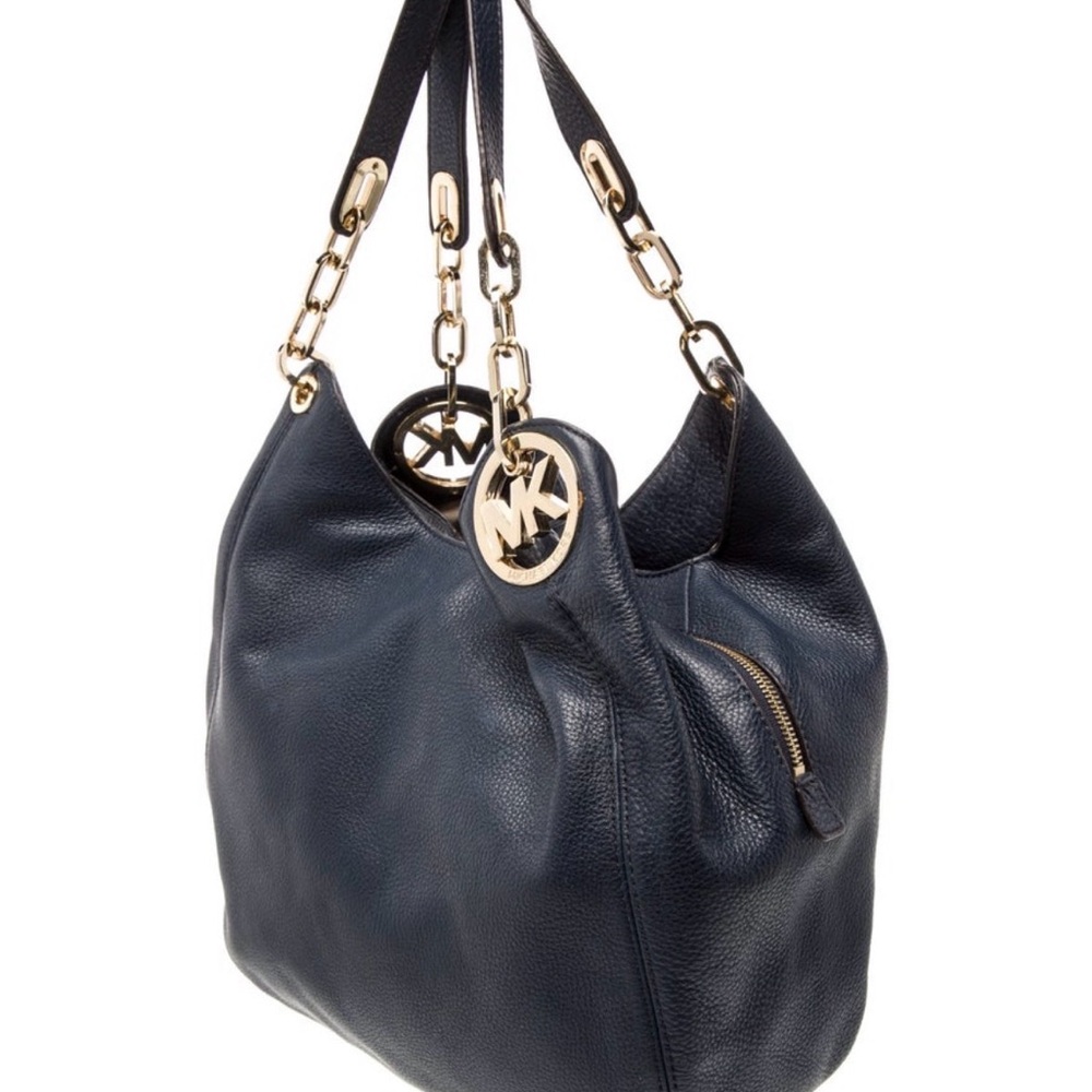 Michael Kors Dark Blue Leather Shoulder Bag with Gold Accents, barely used
